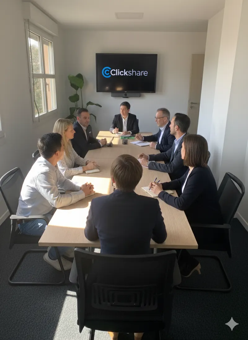 Réunion autour de la grande table, écran ClickShare